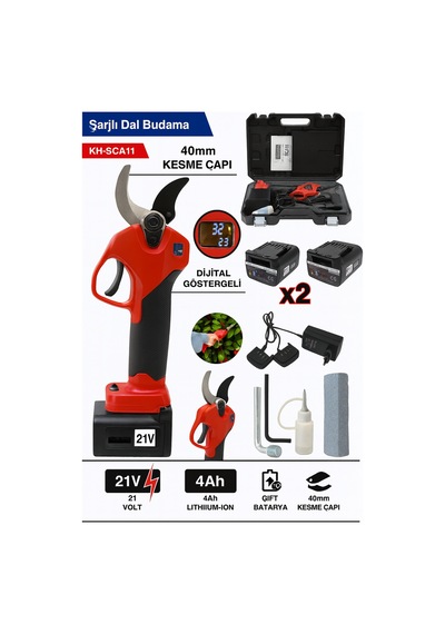 Dijital Göstergeli Çift Bataryalı Makas Çapı 40mm 21v 4ah Şarjlı Dal Budama Makası