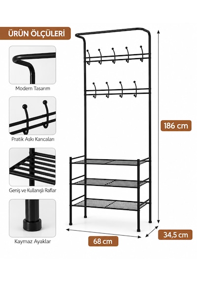 Siyah Alüminyum Vestiyer Askılık 3 Katlı Ayakkabılık Çok Amaçlı Portmanto 68x34,5x186 Cm