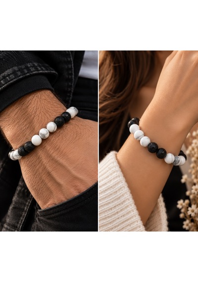 Siyah Lav Taşı Ve Beyaz Havlit Taşı Unisex Bileklik-el Yapımı Doğaltaş Siyah - Beyaz