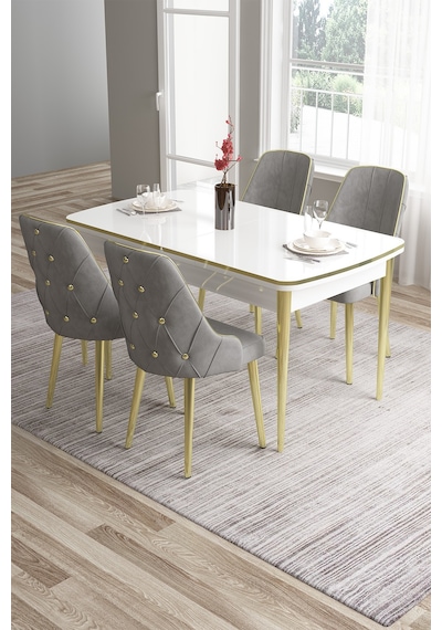 Canisa Tia Serisi 80x132 Açılabilir Mdf Mutfak Masası Takımı Beyaz Masa Gold Detay 4 Gri Sandalye Masa Beyaz Sandalye Gri Canisa Tia Serisi 80x132 Açılabilir Mdf Mutfak Masası Takımı Beyaz Masa Gold Detay 4 Gri Sandalye Masa Beyaz Sandalye Gri