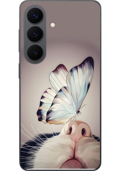 Samsung Galaxy S26 Uyumlu Kelebekli Kedi Baskılı Silikon Kılıf Renkli