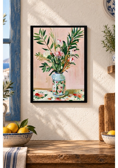 Pembe Zeminde Çiçekli Vazo Desenli Dekoratif Mdf Tablo, Çerçeve Görünümlü Ahşap Poster