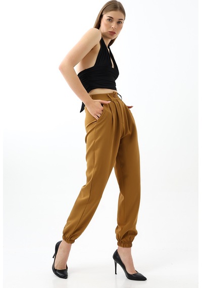 Winmoda34 Kadın Maskülen Paçası Lastikli Jogger Kumaş Pantolon Hardal