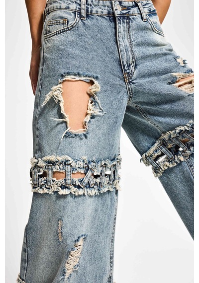 it's basic Kadın Kot Rengi Palazzo Fit Yırtık Detaylı Tasarım Denim Jean Mavi