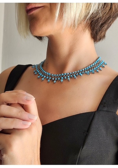 Etnik Bohem Gri Turkuaz Salkım Model Kum Kristal Boncuk Kolye El Yapımı Turkuaz - Gri