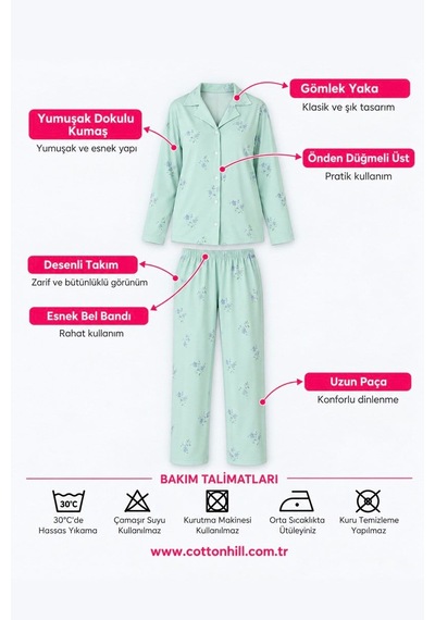 Cottonill Çiçek Desenli Yumuşak Dokulu Gömlek Yaka Düğmeli Uzun Kollu Kadın Pijama Takımı Mavi