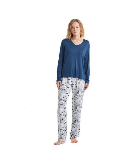 Blackspade Kadın Uzun Kol V Yaka Lacivert Pijama & Sabahlık Takım 51224-51227 001