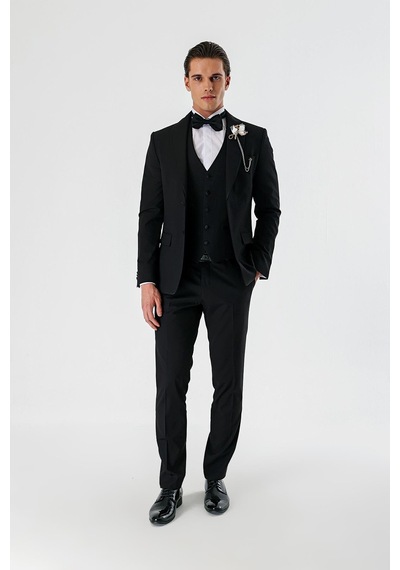 İmza Siyah Çıkarılabilir Şal Yaka Yelekli Likralı 6 Drop Slim Fit Smokin Damatlık 1001240202-Siyah İmza Siyah Çıkarılabilir Şal Yaka Yelekli Likralı 6 Drop Slim Fit Smokin Damatlık 1001240202-Siyah