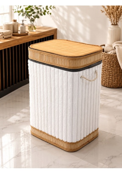 Bambu Üzeri Peluş Kaplama Çamaşır Sepeti - Beyaz-7498 Çok Renkli