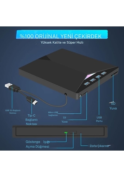 Techtic 7in1 Harici Dvd-rom Usb 3.0 Hub Çoğaltıcı Tf Sd Kart