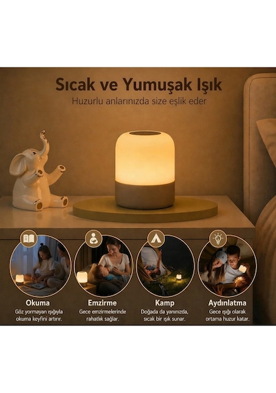 Şarjlı Kablosuz Gece Lambası Led Dokunmatik Kumandalı 3 Renk Modlu Dimmerli Zaman Ayarlı Masa Lambas Çok Renkli
