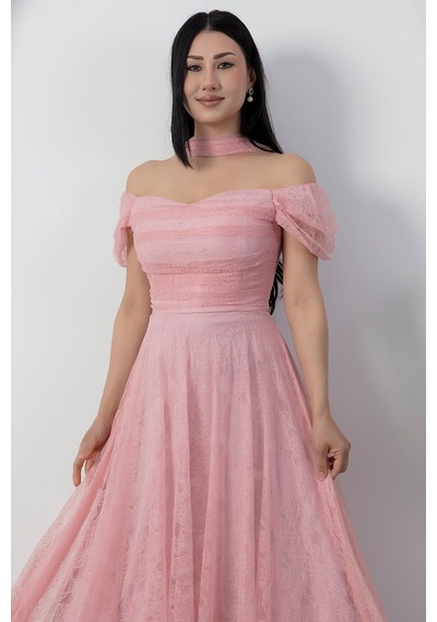 Kalopya Kalp Yaka Düşük Kol Dantel Elbise Drp2079 Pembe
