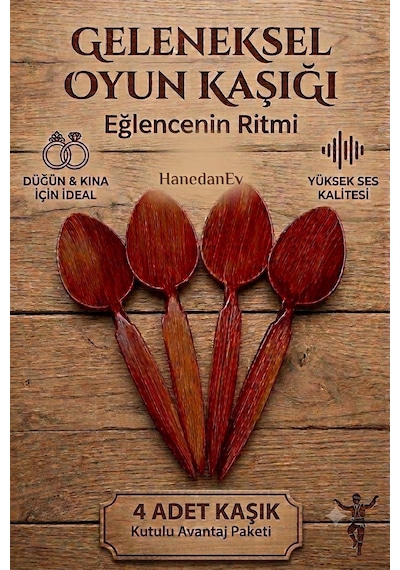 4 Adet Kutulu Ahşap Görünümlü Plastik Kaşık Oyun Kaşığı Düğün Kına Eğlence Kaşığı