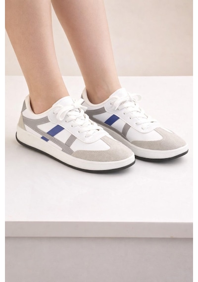 Unisex Günlük Spor Ayakkabı Bağcıklı Şerit Detaylı Sneaker Beyaz - Gri