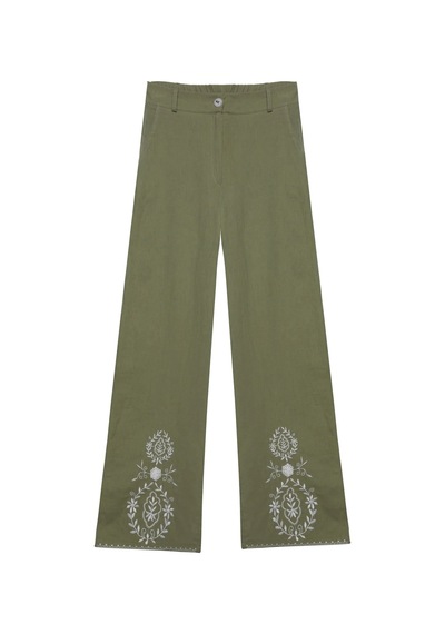 Olla Collection Paçası Nakış Detaylı Yüksek Bel Pantolon Haki Çok Renkli
