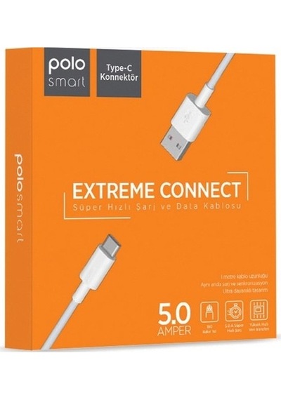 Polosmart PSM30 5A 100W Süper Hızlı UsbA to Type-C Data ve Şarj Kablosu Beyaz