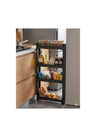 4'lü Slim Dar Alan Organizer Raf, Tekerlekli Çok Amaçlı Mutfak Ve Banyo Düzenleyici Siyah Diğer