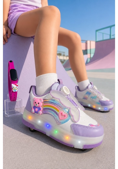 Muggo Colourful Çocuk Işıklı Patenli Tekerlekli Sneaker Spor Ayakkabı Lila