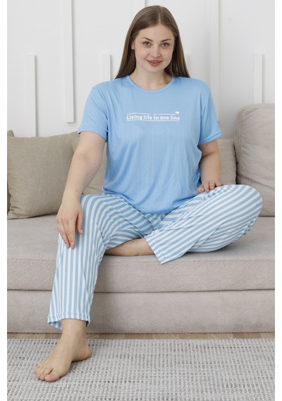 Wordex Mirano 3503 Çizgili Pijamalı Kısa Kollu Büyük Beden Pegasus Kumaş Kadın Pijama Takımı Mavi Wordex Mirano 3503 Çizgili Pijamalı Kısa Kollu Büyük Beden Pegasus Kumaş Kadın Pijama Takımı Mavi