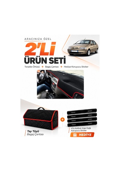 Fıat Siena 1999-2005 Uyumlu Torpido Örtüsü + Tay Tüyü Bagaj Çantası + Sticker Seti - Siyah Kırmızı