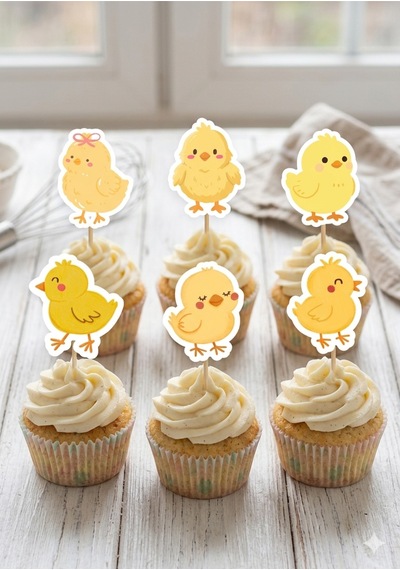 12 Li Civciv Konsept Parti Pipeti Ve 12li Cupcake Kürdan Süsü Seti Beyaz