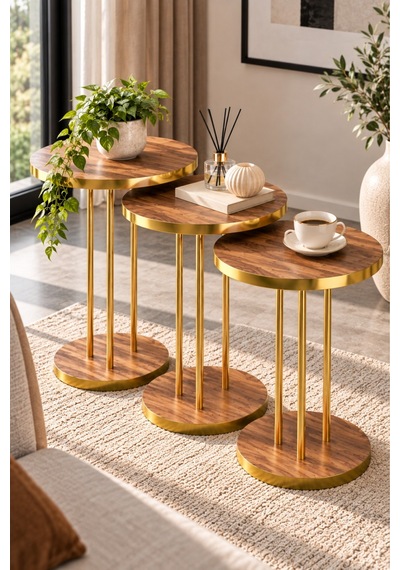 Sulorahome Ceviz Desenli Gold Metal Ayaklı 3'lü Zigon Sehpa Takımı Altın - Kahverengi