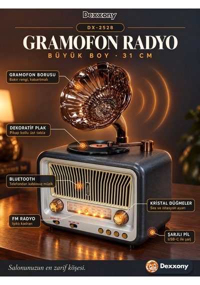 Dexxony Dx-2528 Antrasit Nostaljik Radyo Retro Gramofon Büyük Boy Şarjlı Bluetooth Hoparlör Fm Usb