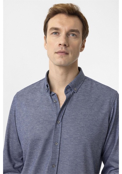 Süvari Lacivert Slim Fit Armürlü Düğmeli Yaka Gömlek-34584 Lacivert