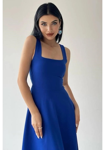 La Querta Kadın Kare Yaka Kalın Askı Tasarım Midi Boy Elbise Saks Saks