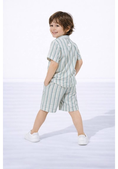 Miniko Kids Erkek Çocuk Çizgili Gömlekli Müslin Şortlu Takım Yeşil