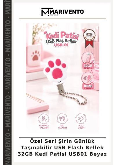 Özel Seri Şirin Günlük Taşınabilir Usb Flash Bellek 32gb Kedi Patisi Usb01 Beyaz