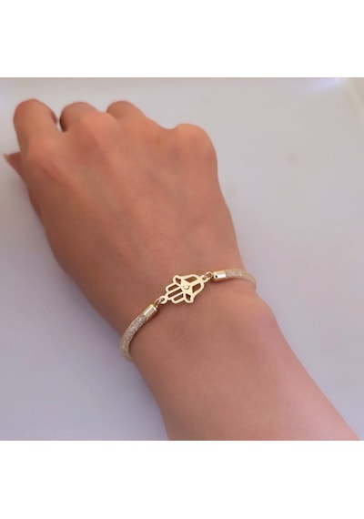 Ç Harfine Özel Hasır Kordonlu Hamsa Motifli 14 Ayar Altın Plakalı Hediye Bileklik-499harf Ç