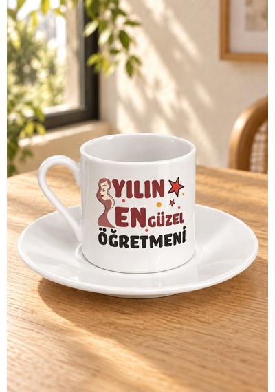 Yılın En Güzel Öğretmeni Baskılı Tabaklı Türk Kahvesi Fincanı Beyaz