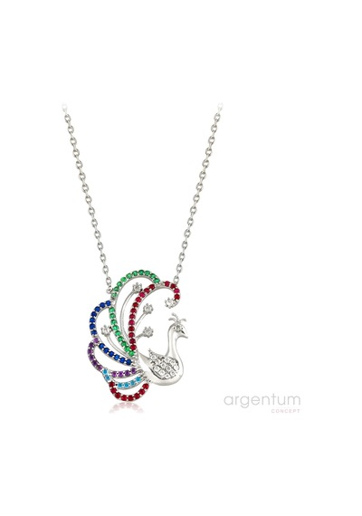 Argentum Concept - Renkli Zirkon Taşlı Gümüş Tavus Kuşu Kolye