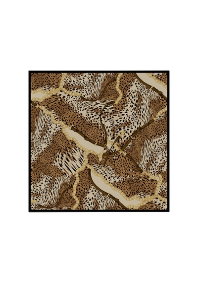 Aker Kahverengi Leopar Desenli İpek Krep Saten Eşarp Sarı sarı