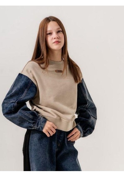 Kız Çocuk Mevsimlik Denim Kol 3 İplik Sweatshirt-14774 Kahverengi Kız Çocuk Mevsimlik Denim Kol 3 İplik Sweatshirt-14774 Kahverengi