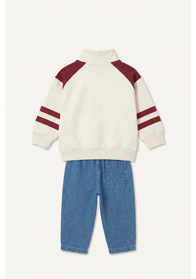 Defacto Dik Yaka Fermuarlı Baskılı Sweatshirt Üst Jean Pantolon 2li Takım Erkek Bebek I0614a526auer98 Ekru-er98