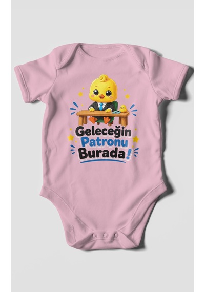 Morivokids Geleceğin Patronu Burada Kısa Kollu Bebek Body %100 Pamuk Koyu Pembe