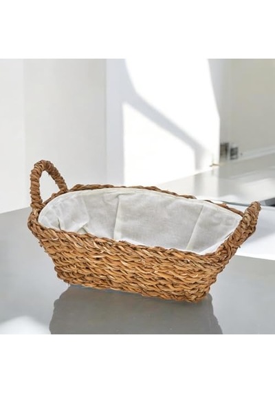 El Yapımı Doğal Hasır Kulplu Çok Amaçlı Dekoratif Dikdörtgen Sepet, Hasır Kulplu Ekmek Sepeti 27x18x8cm Çok Renkli