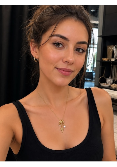 Zirkon Taşlı Yıldız Detay Sallantılı Charm Kolye Gold
