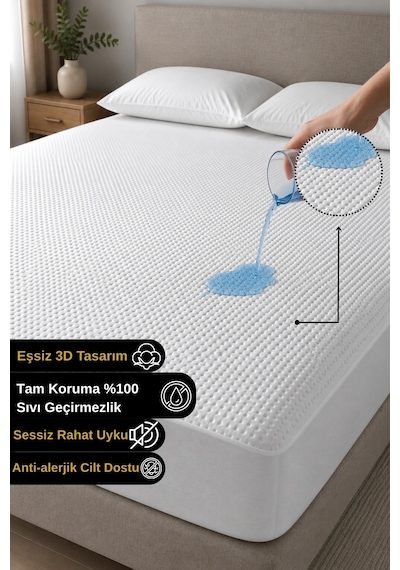 3d-fitted %100 Sıvı Geçirmez Sessiz Full Kenar Yatak Alezi Tek/çift Kişilik, Çocuk Ve Bebek Koruyucu Beyaz