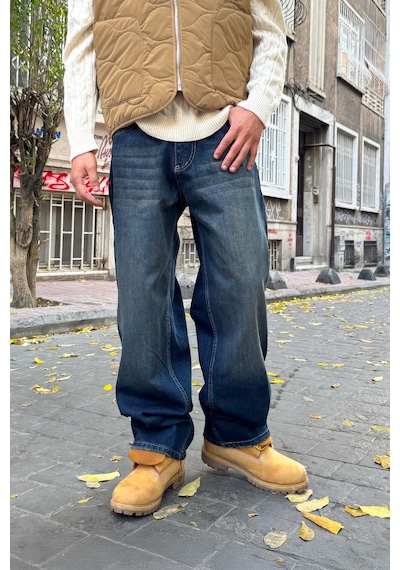 Flaw Eskitme Model Çizgili Baggy Jean Lacivert Lacivert