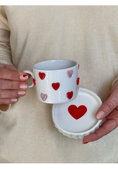 Meggdecor Pembe Kırmızı Kalpli Kupa Mug
