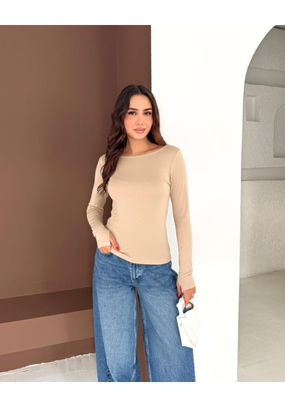 Elaxi Kadın Kayık Yaka Parmak Geçmeli Uzun Kollu Full Likralı Pamuk Viskon Buzzy Body Tişort Bej Elaxi Kadın Kayık Yaka Parmak Geçmeli Uzun Kollu Full Likralı Pamuk Viskon Buzzy Body Tişort Bej