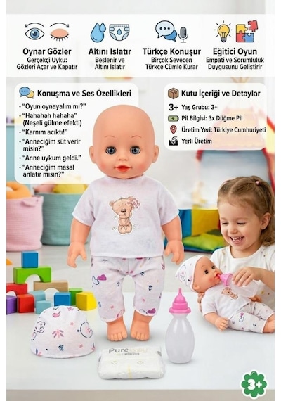 Altını Islatan Bebek Türkçe Konuşan Eğitici Kolları Kafası Ve Bacakları Et Şapkalı Oyuncak Bebek