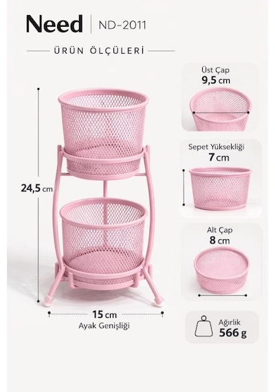 Need Nd-2011 Çok Amaçlı İki Katlı Masaüstü Organizer Metal Masa Düzenleyici Pembe