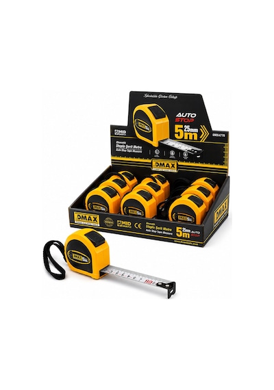 12 Adet 5mt X 25mm Otomatik Çelik Şerit Metre Stoplu 4741 0.004 M - 0.032 M