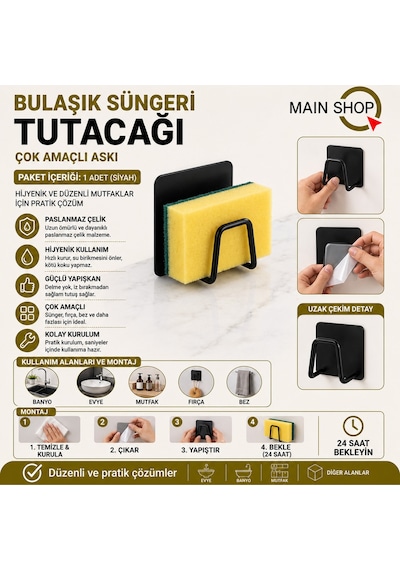 Mainshop 1 Adet Siyah Sünger Askılığı Evye Sünger'liği Banyo Mutfak Düzenleyici Musluk Yanı Sünger'lik M-sng1