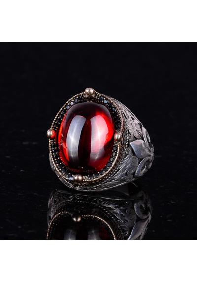 925k Ayar Gümüş Yüzükler Premium Yapay Taşlarla Cabochon Garnet Yapay Gümüş