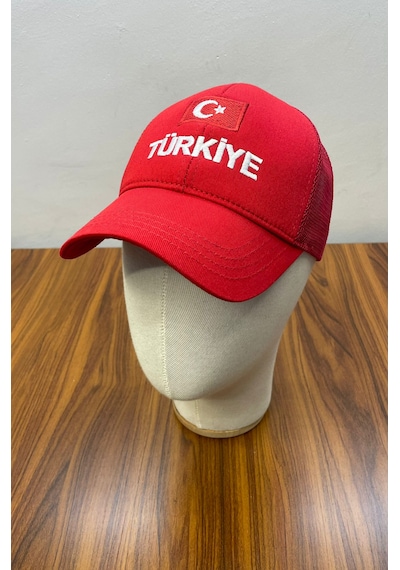Türkiye Bayrak Nakışlı Fileli Unisex Beyzbol Cap Şapka Kırmızı